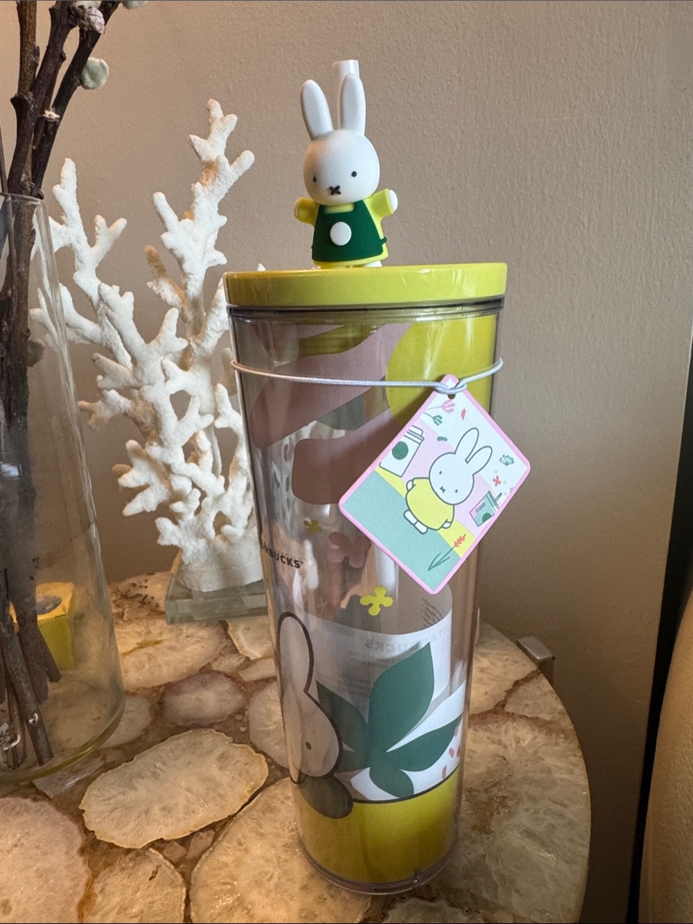 Starbucks Miffy Clear Tumbler with Yellow Lid and Green Topper